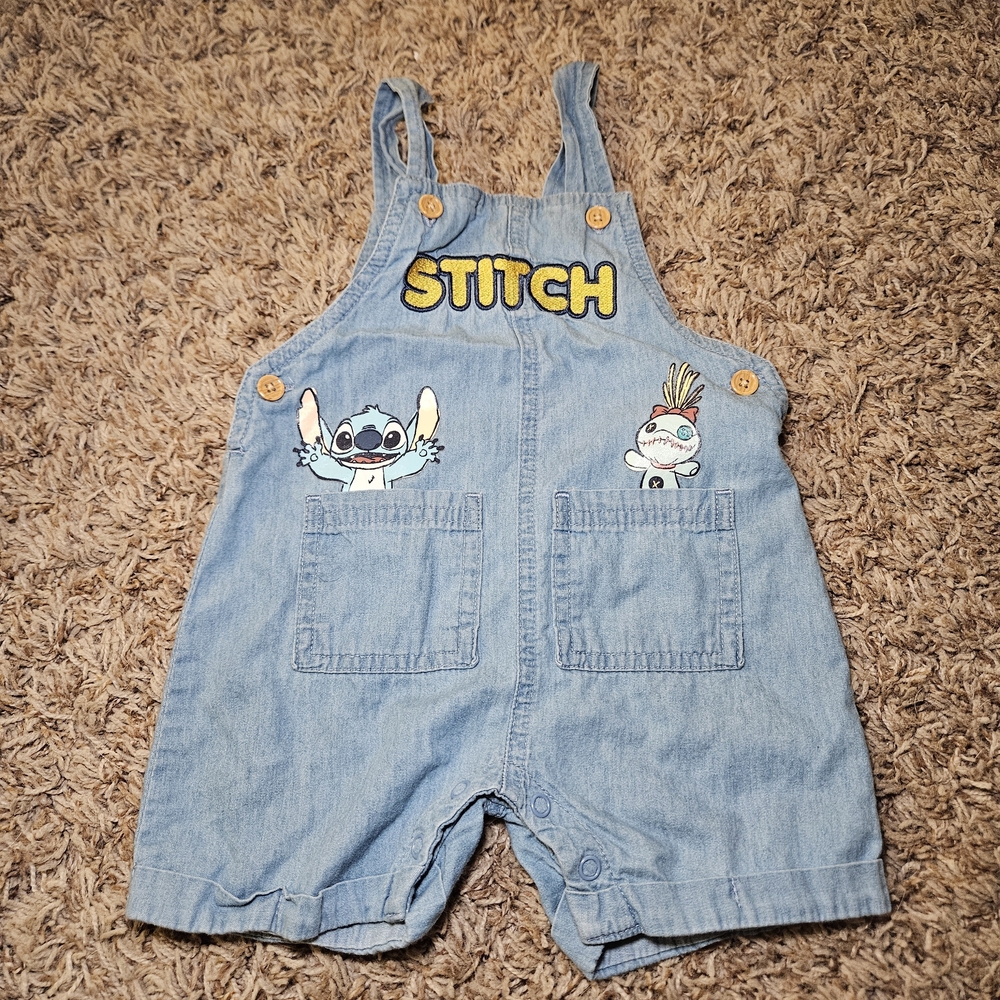 Disney‎ Baby Stitch Baby Boy Overall Size 6/9 Months Blue Embroidered Scrump